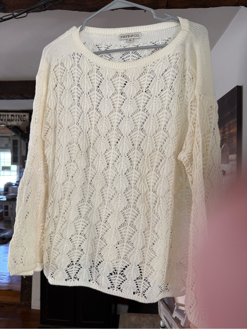 FRYE AND CO. Cream Open-Knit Scoop Neck Sweater